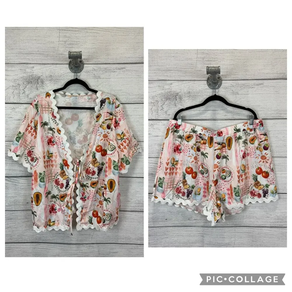 Shein Plus Size Light Pink Summer Fruit Printed 2 Piece Matching Set Size 4XL